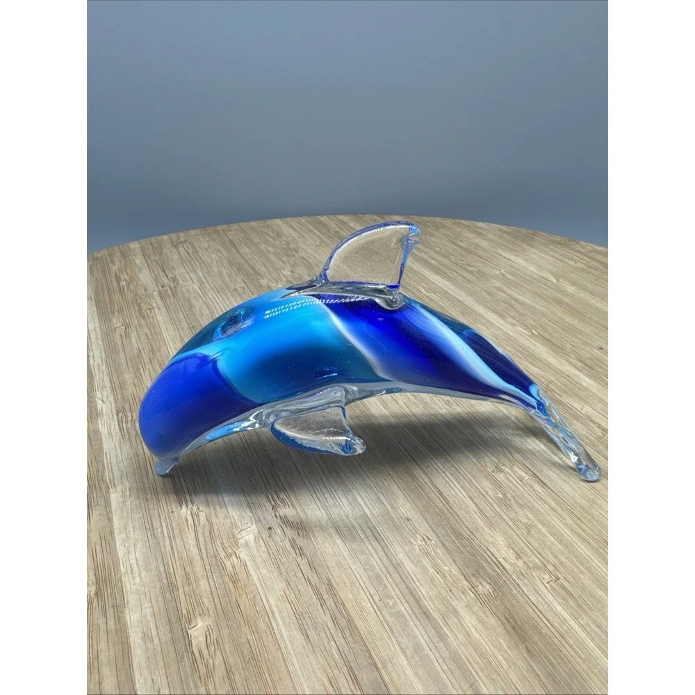Hand Blown Art Glass Aqua-Blue Swirl Jumping Dolphin Figurine Paperweight 6 inch